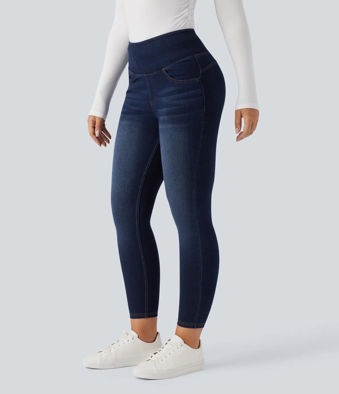 High Waisted Tummy Control Butt Lifting Denim Casual Leggings with Pockets