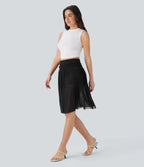 High Waisted Ruched 2-in-1 Contrast Mesh Flowy Midi Casual Skirt with Pockets