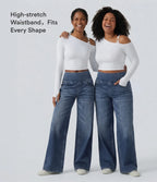 Mid Rise Draped Lyocell Washed Casual Baggy Wide Leg Jeans with Pockets