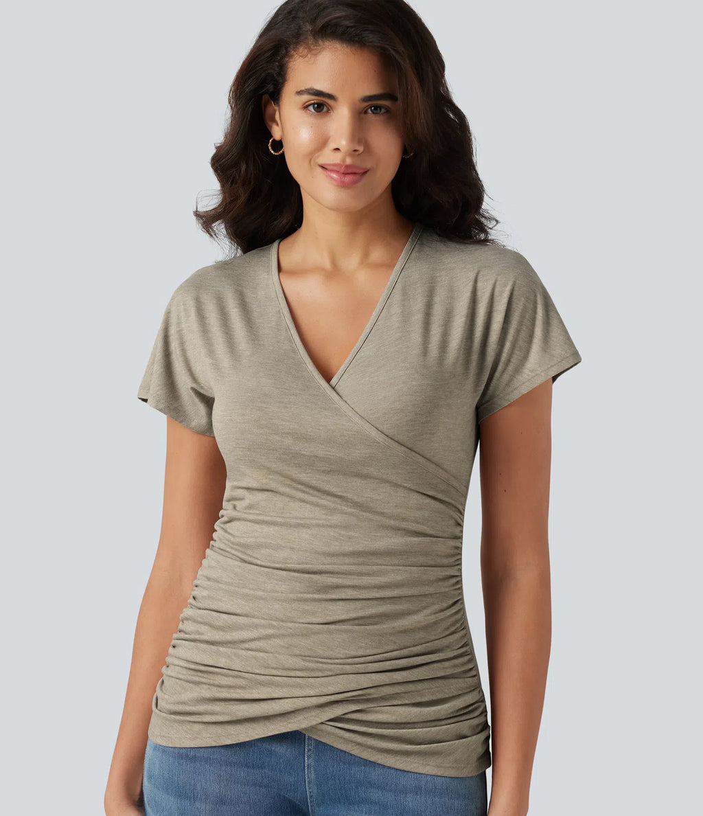 V Neck Short Sleeve Ruched Casual Top