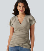 V Neck Short Sleeve Ruched Casual Top