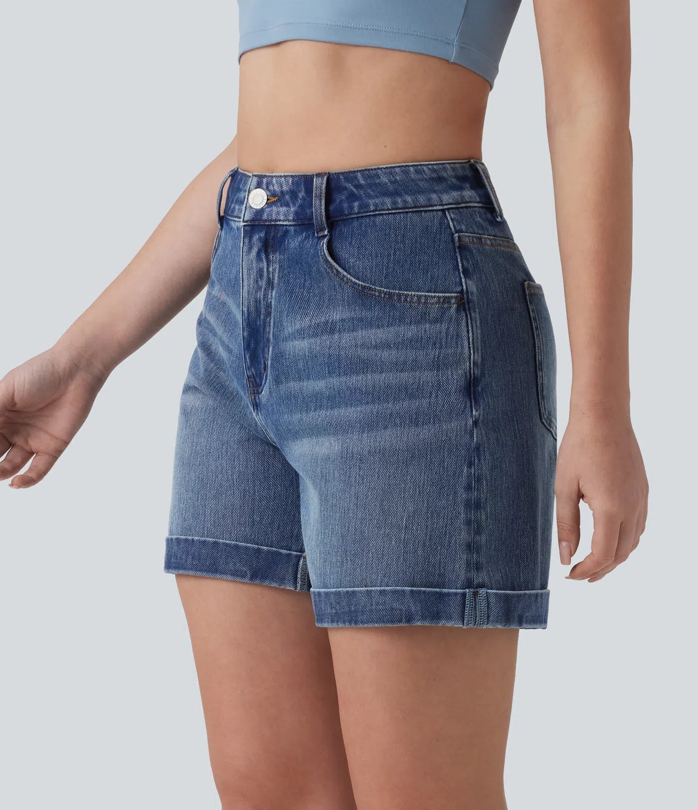 Mid Rise Rolled Hem Denim Casual Shorts 5'' with Pockets