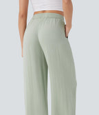 High Waisted Drawstring Pocket Wide Leg Baggy Casual Linen-Feel Pants