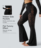 High Waisted Tummy Control Contrast Lace Yoga Flare Leggings with Pocket