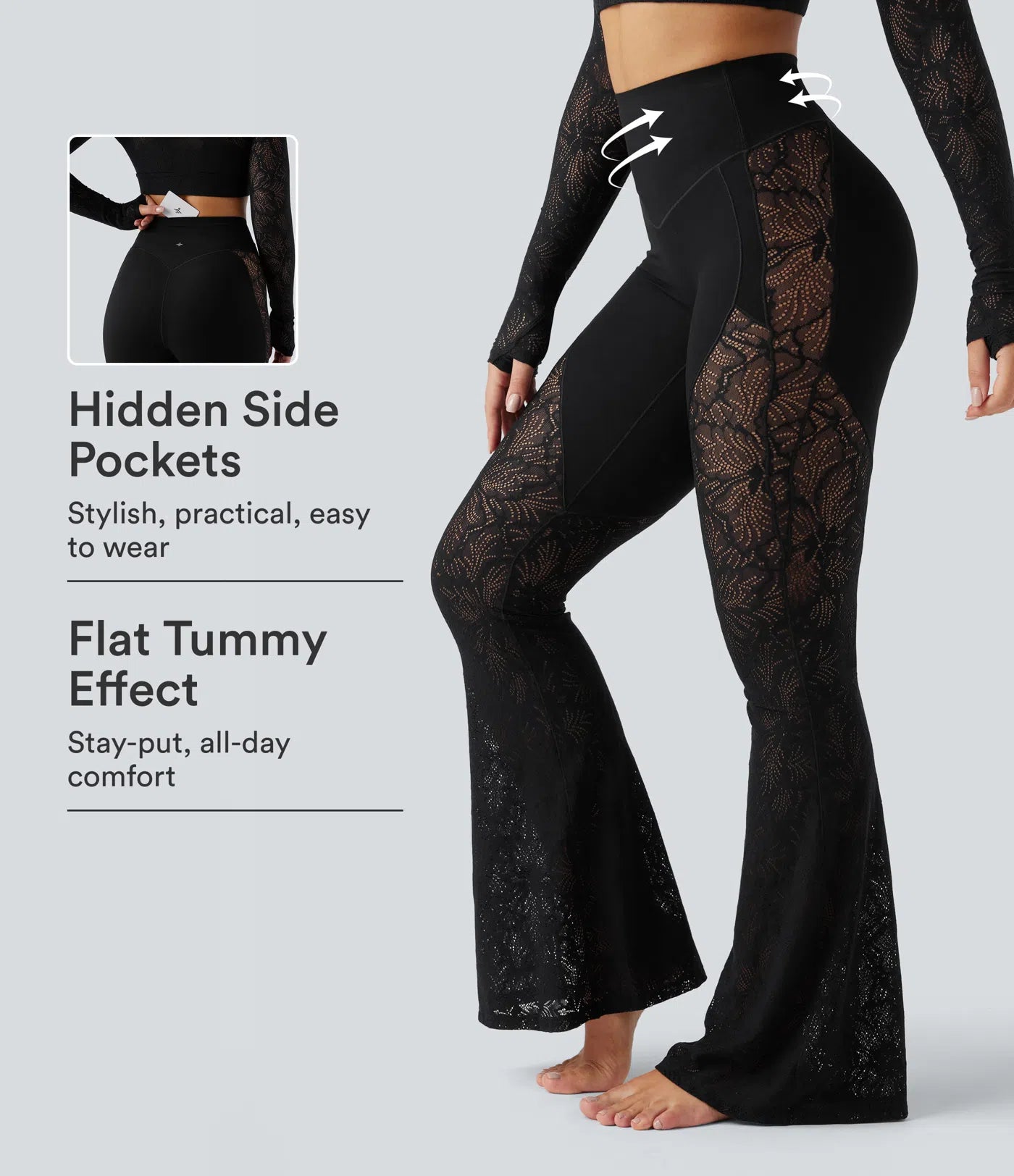 High Waisted Tummy Control Contrast Lace Yoga Flare Leggings with Pocket