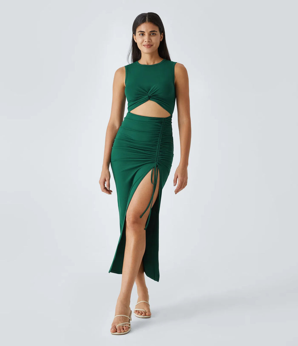 Round Neck Cut Out Ruched Drawstring Hem Bodycon Maxi Casual Dress