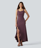 Crisscross Backless Split Ruffle Hem Built-in Bra Midi Party Flowy Dress