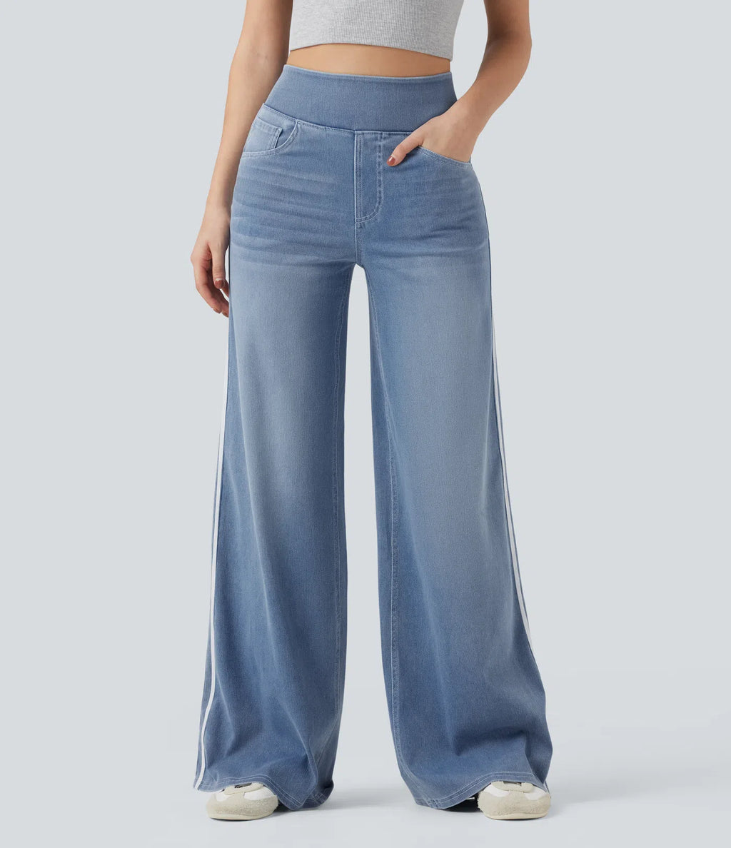 High Waisted Stripe Wide Leg Flowy Washed Casual Jeans with Pockets