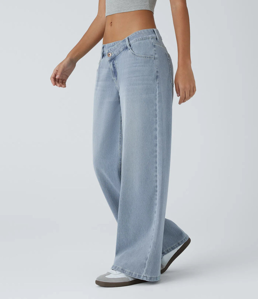 Asymmetric Low Rise Zipper Pockets Baggy Wide Leg Washed Casual Jeans