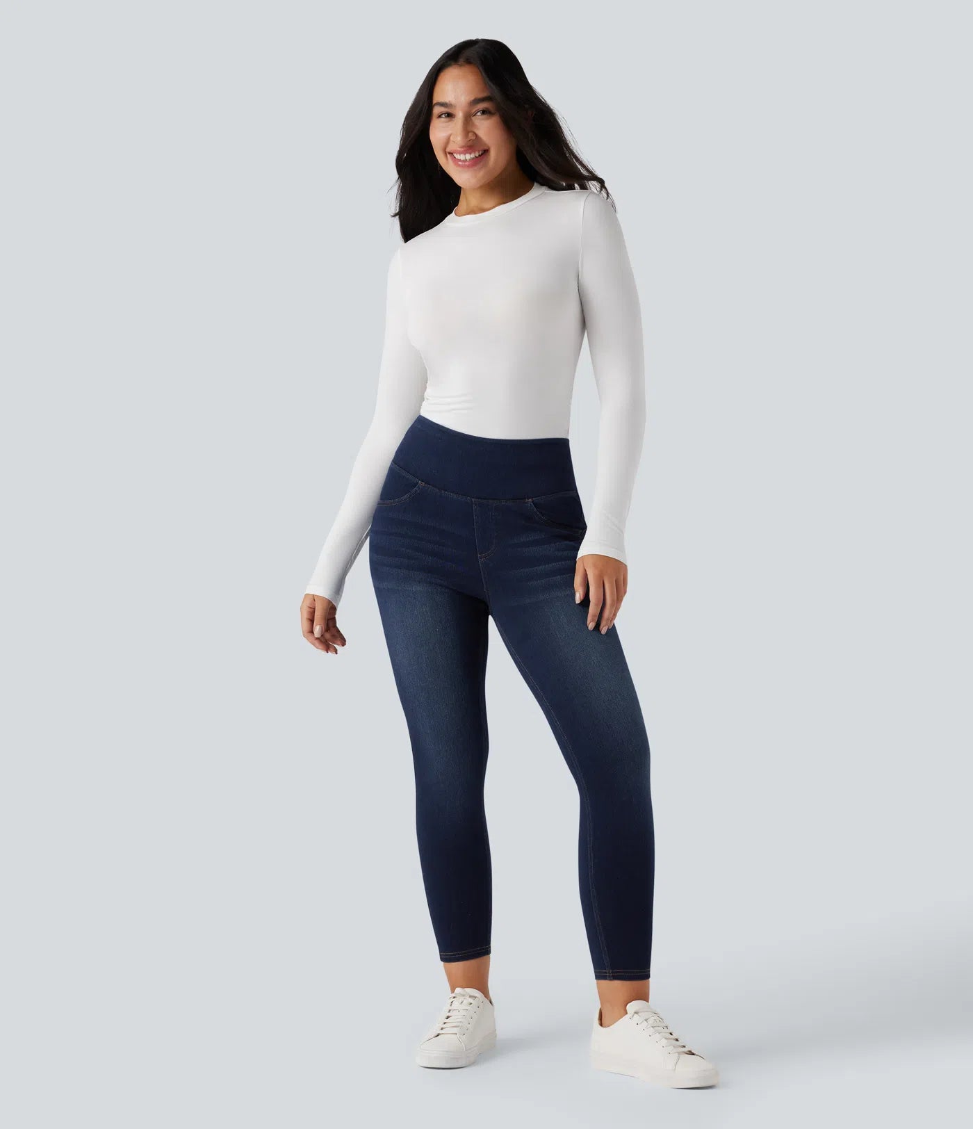 High Waisted Tummy Control Butt Lifting Denim Casual Leggings with Pockets