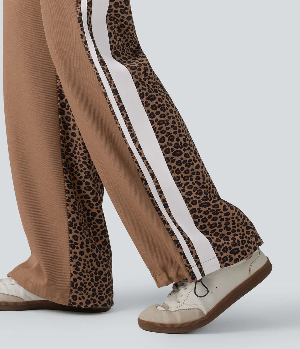 Stripes Contrast Leopard Casual Baggy Pants with Pockets