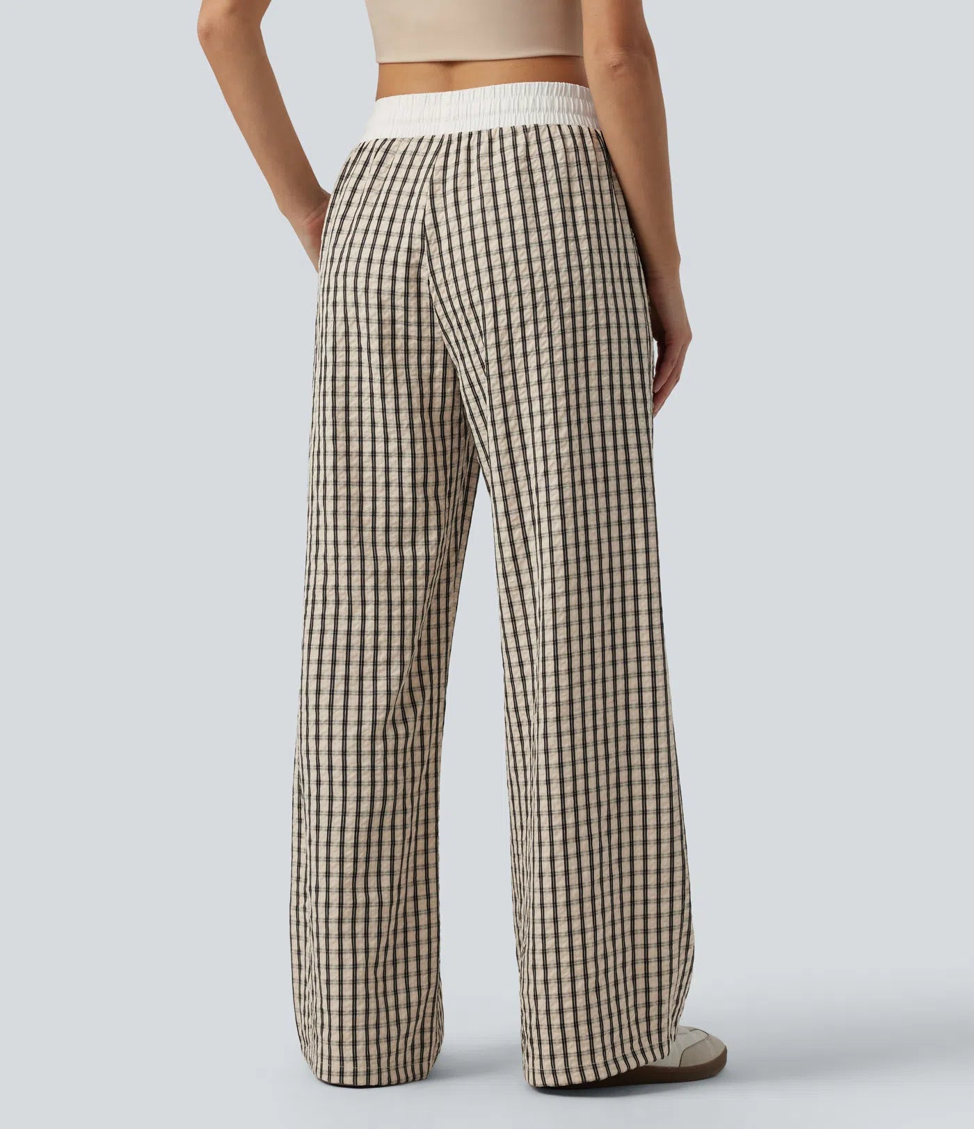 Mid Rise Drawstring Wide Leg Baggy Plaid Casual Pants with Pockets