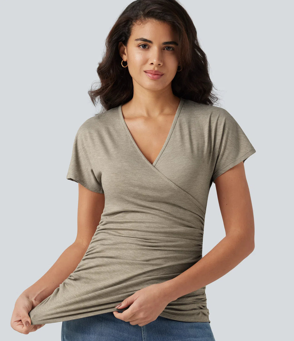 V Neck Short Sleeve Ruched Casual Top