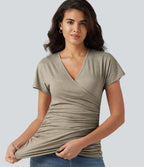 V Neck Short Sleeve Ruched Casual Top