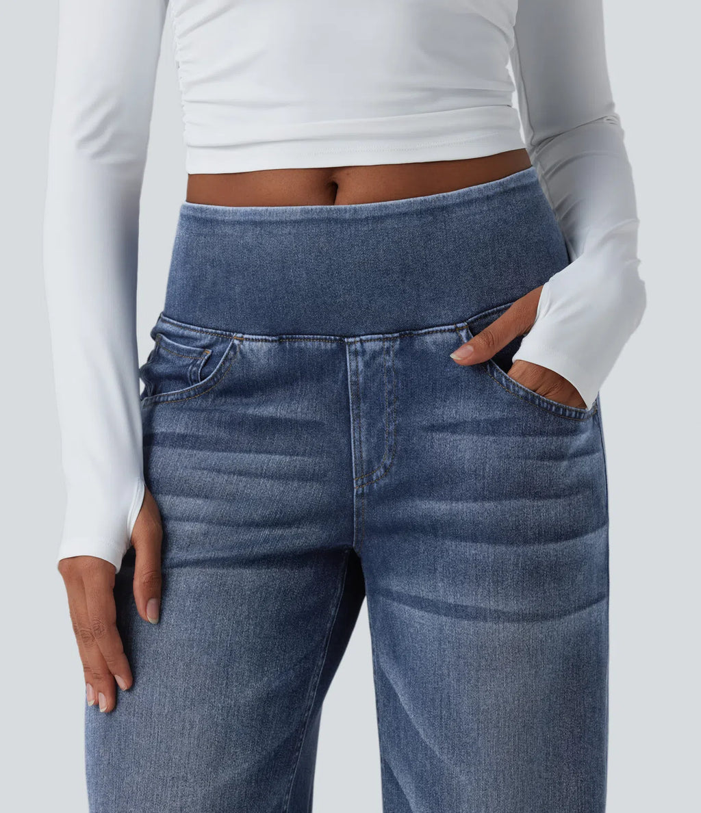 Mid Rise Draped Lyocell Washed Casual Baggy Wide Leg Jeans with Pockets