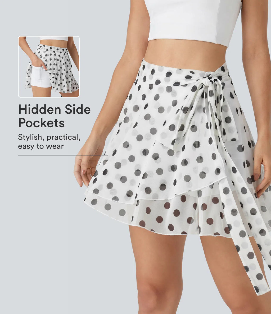 High Waisted Tie Side 2-in-1 Flowy Polka Dot Mesh Micro Mini Flare Skirt with Pocket