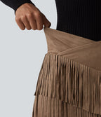 Crossover High Waisted 2-in-1 Fringe Hem Bodycon Mini Suede Party Skirt