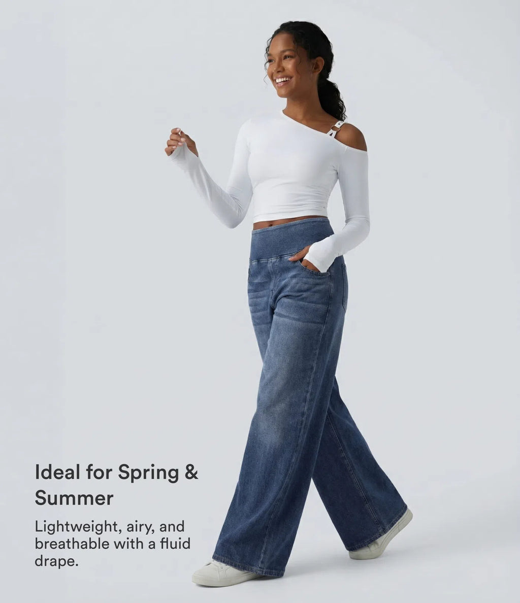 Mid Rise Draped Lyocell Washed Casual Baggy Wide Leg Jeans with Pockets