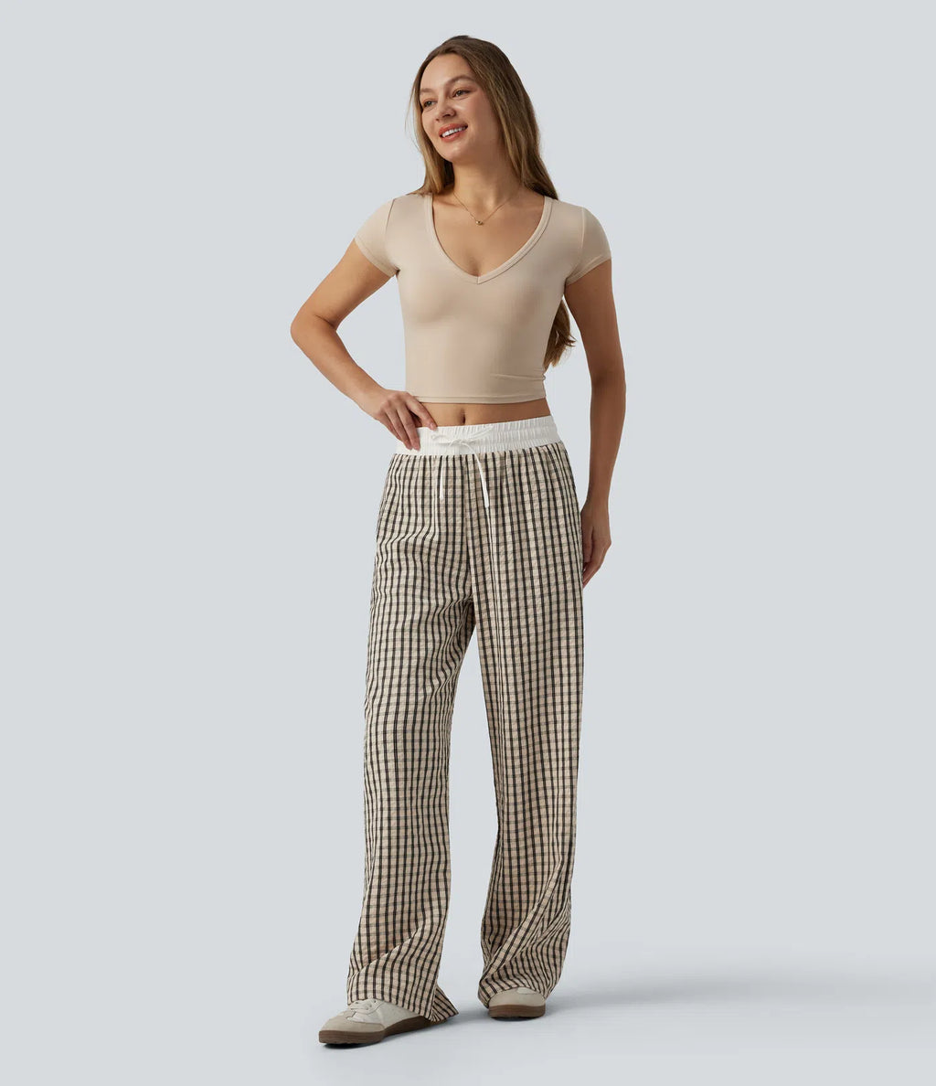 Mid Rise Drawstring Wide Leg Baggy Plaid Casual Pants with Pockets