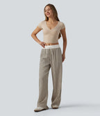 Mid Rise Drawstring Wide Leg Baggy Plaid Casual Pants with Pockets