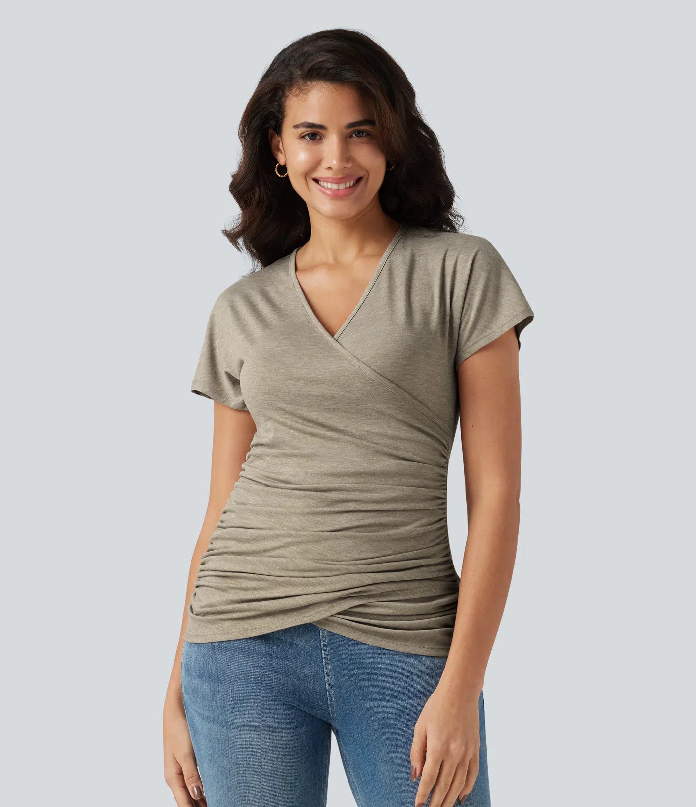 V Neck Short Sleeve Ruched Casual Top