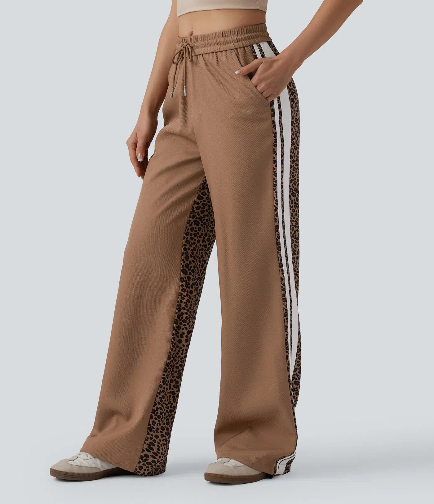 Stripes Contrast Leopard Casual Baggy Pants with Pockets