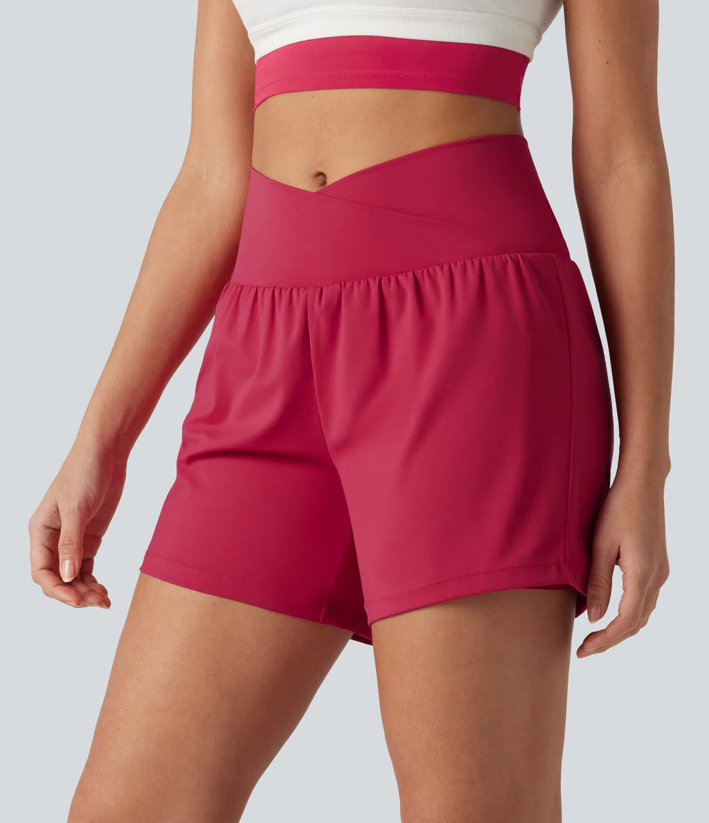 Airy Crossover High Waisted 2-in-1 Cool Touch Yoga Shorts 5'' with Pockets