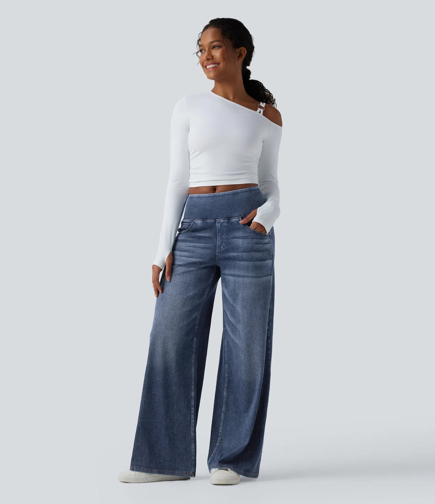 Mid Rise Draped Lyocell Washed Casual Baggy Wide Leg Jeans with Pockets