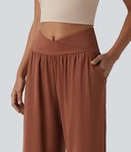 Airy Crossover High Waisted Cool Touch Casual Baggy Pants with Pockets