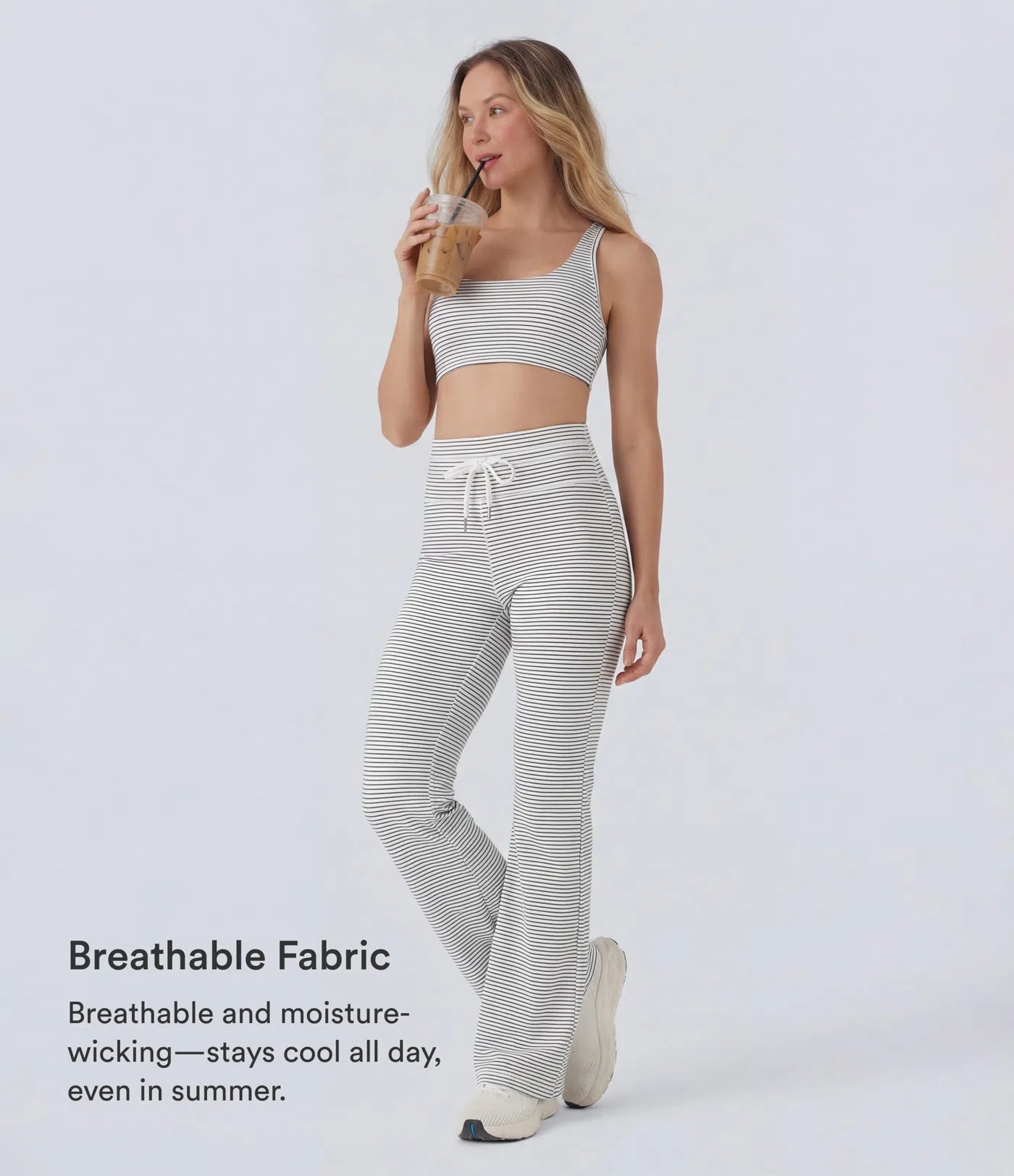 High Waisted Drawstring Stripe Flare Yoga Pants with Pockets
