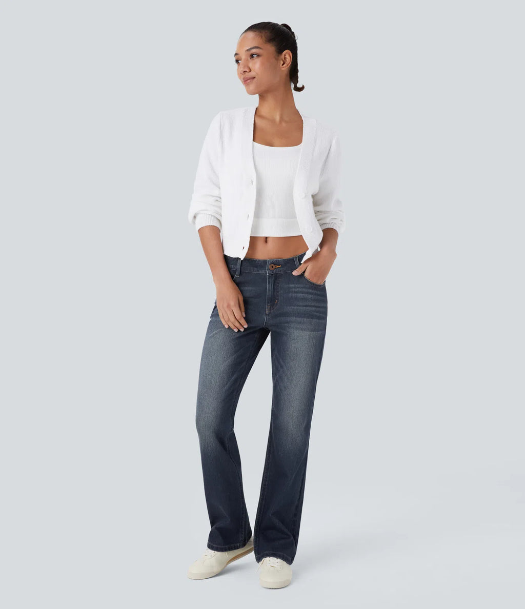 Low Rise Zipper Pockets Washed Casual Bootcut Jeans