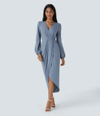 V Neck Long Sleeve Tulip Hem Midi Dress