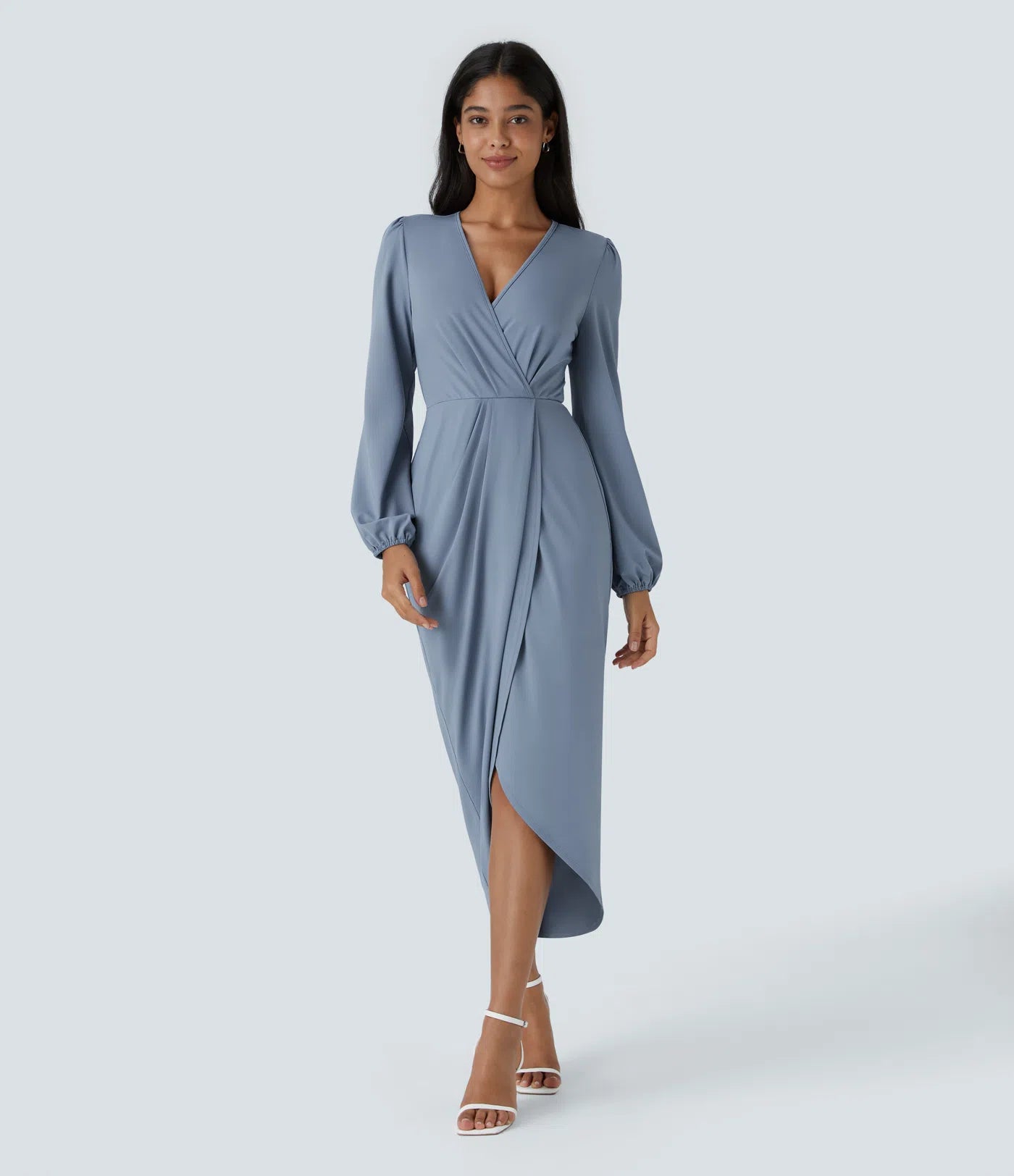 V Neck Long Sleeve Tulip Hem Midi Dress