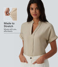 V Neck Short Sleeve Linen-Feel Work Shirt
