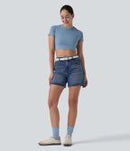 Mid Rise Rolled Hem Denim Casual Shorts 5'' with Pockets