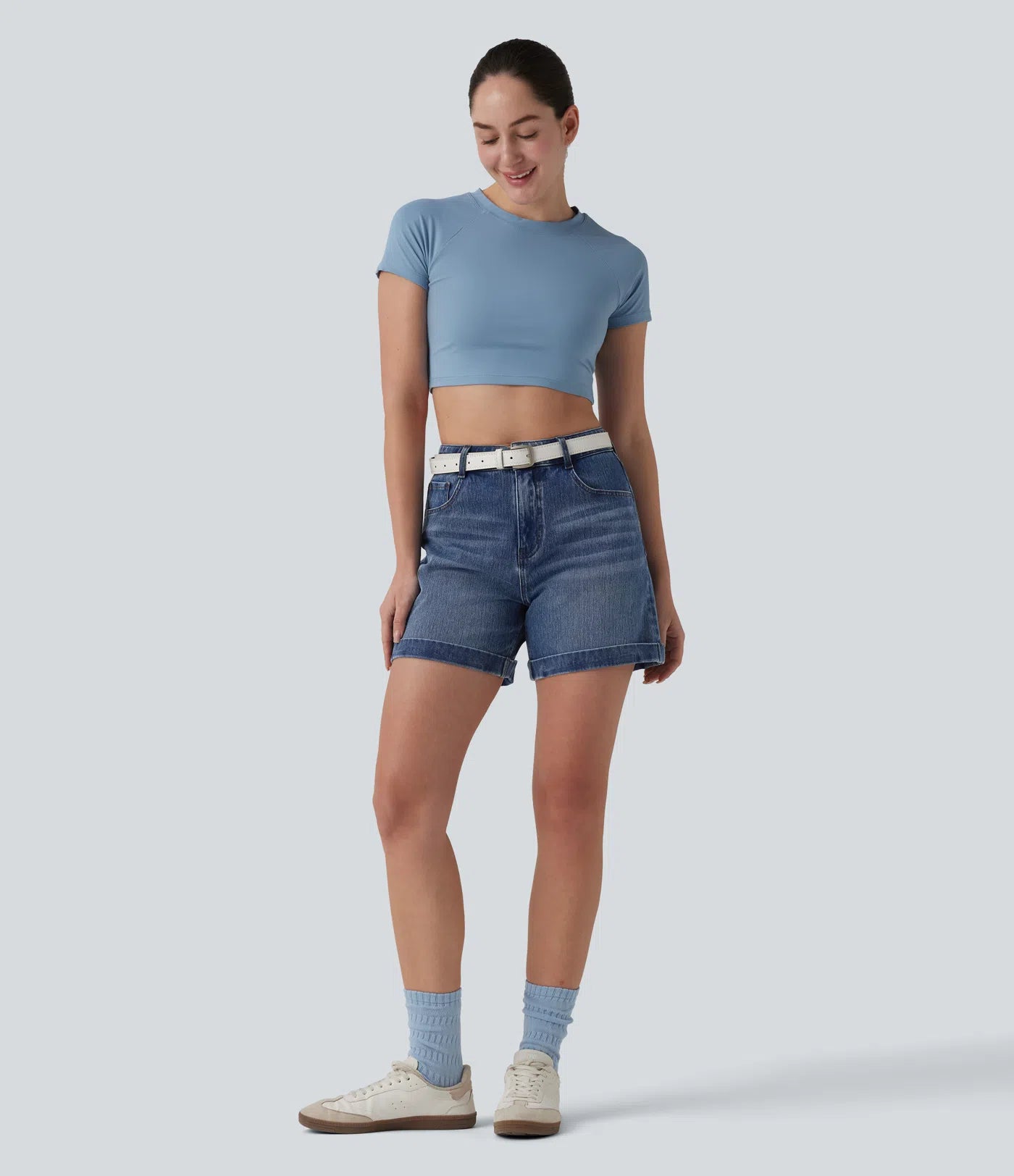 Mid Rise Rolled Hem Denim Casual Shorts 5'' with Pockets