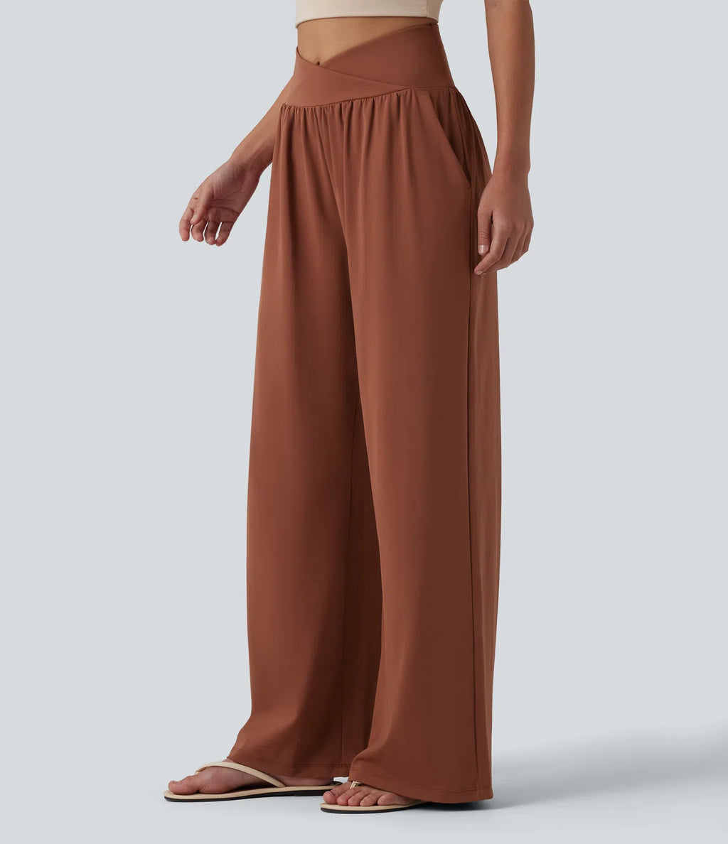Airy Crossover High Waisted Cool Touch Casual Baggy Pants with Pockets