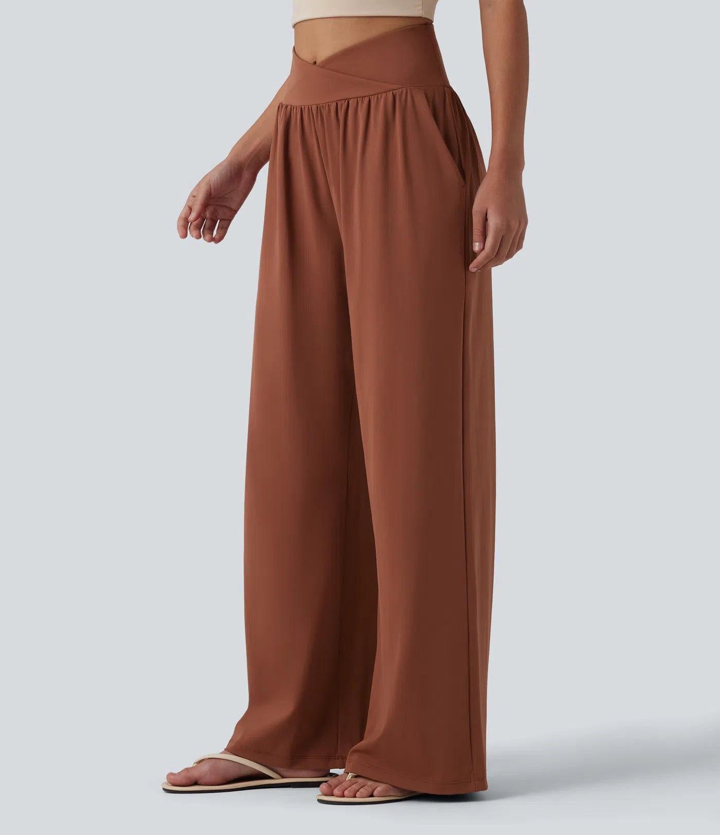 Airy Crossover High Waisted Cool Touch Casual Baggy Pants with Pockets