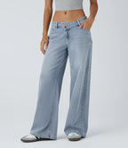 Asymmetric Low Rise Zipper Pockets Baggy Wide Leg Washed Casual Jeans
