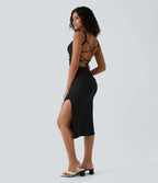 Ruched Lace Up Bodycon Midi Casual Dress