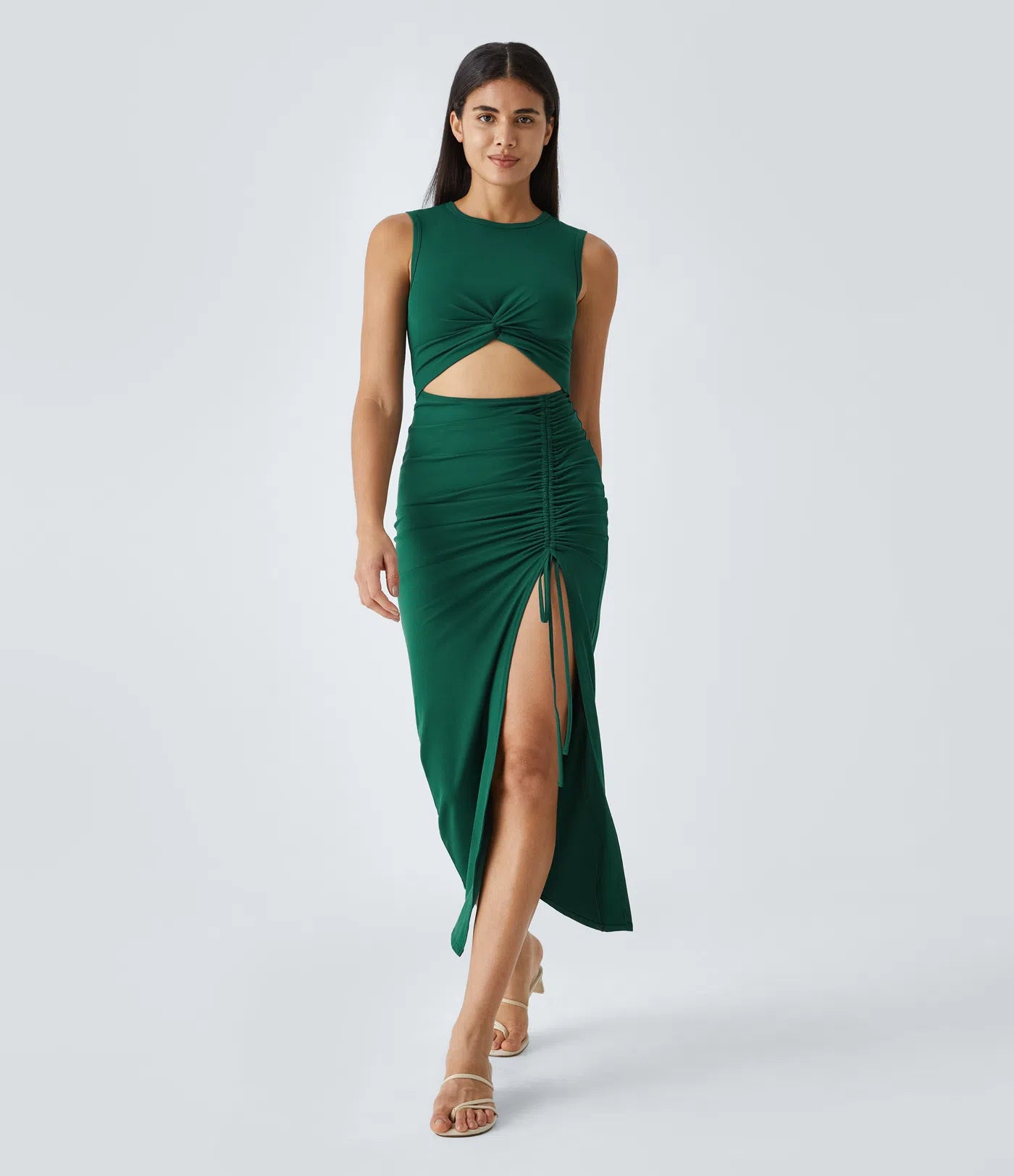 Round Neck Cut Out Ruched Drawstring Hem Bodycon Maxi Casual Dress