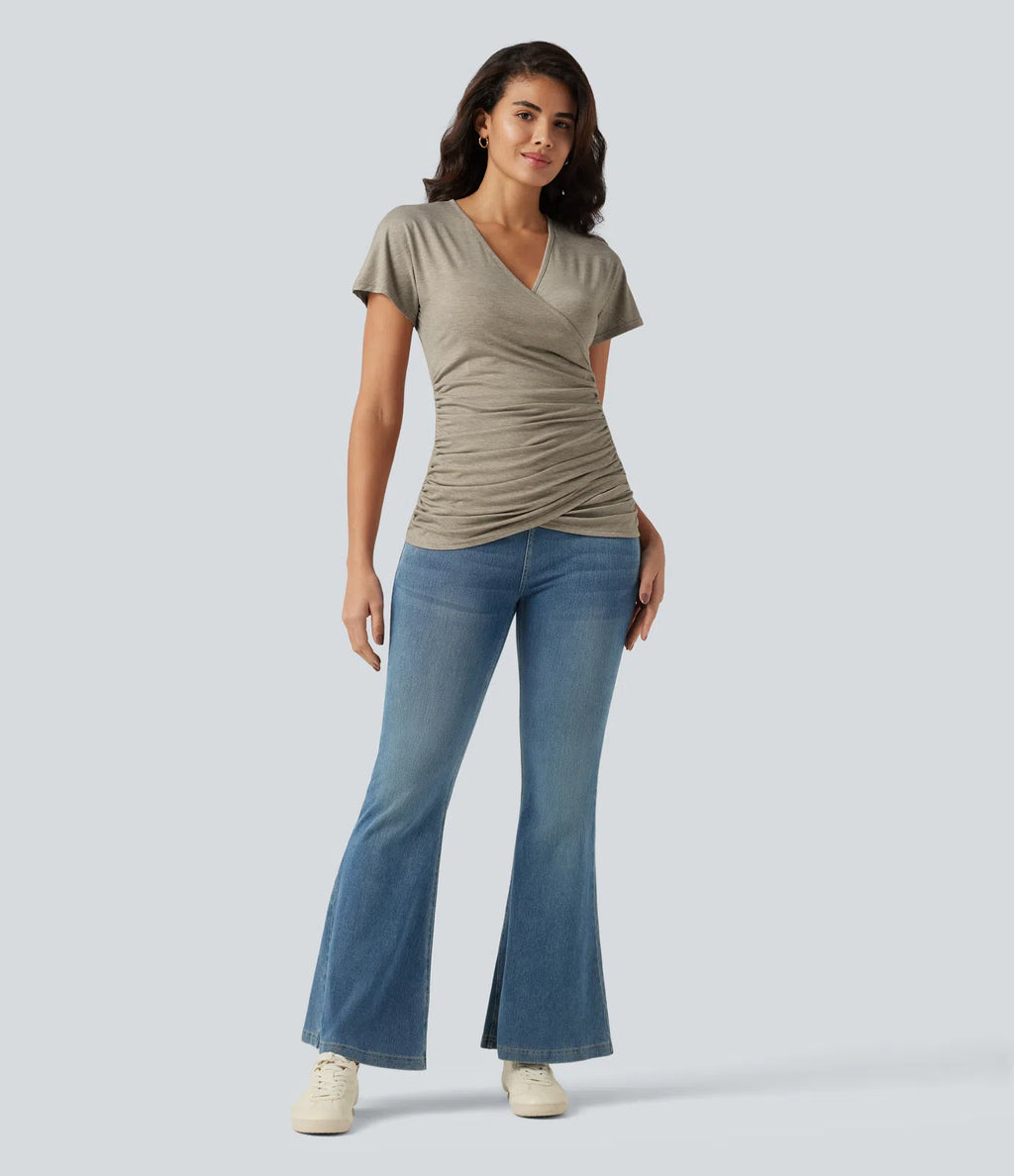 V Neck Short Sleeve Ruched Casual Top