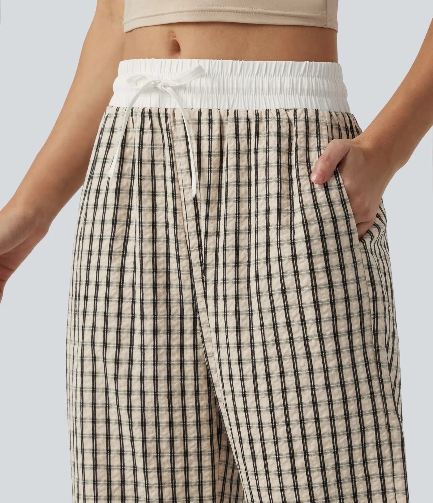 Mid Rise Drawstring Wide Leg Baggy Plaid Casual Pants with Pockets