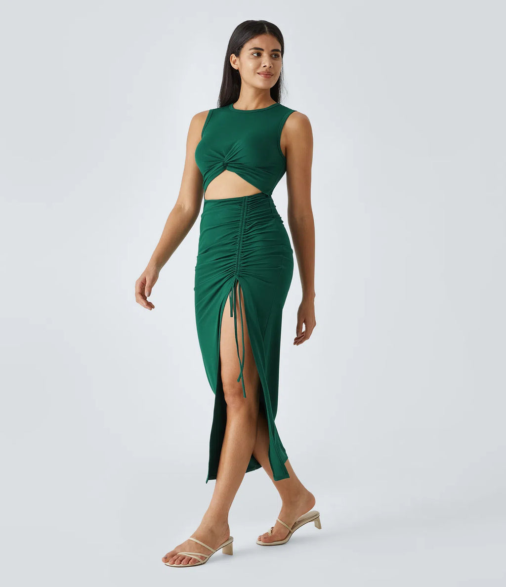 Round Neck Cut Out Ruched Drawstring Hem Bodycon Maxi Casual Dress