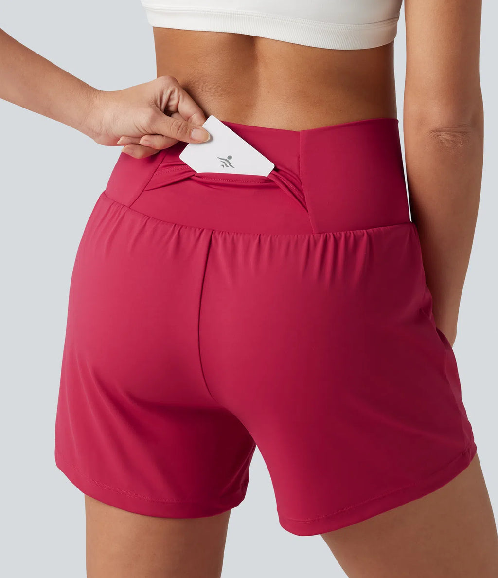 Airy Crossover High Waisted 2-in-1 Cool Touch Yoga Shorts 5'' with Pockets