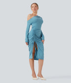 One-shoulder Long Sleeve Ruched Split Midi Bodycon Dress