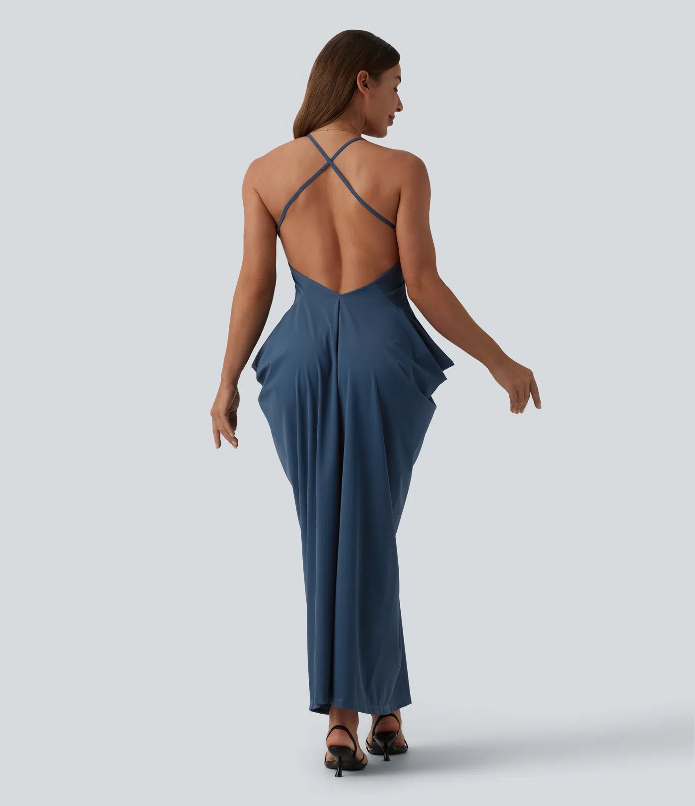 Crisscross Backless Deep V-neck Stacked Ruched Maxi Party Slip Dress