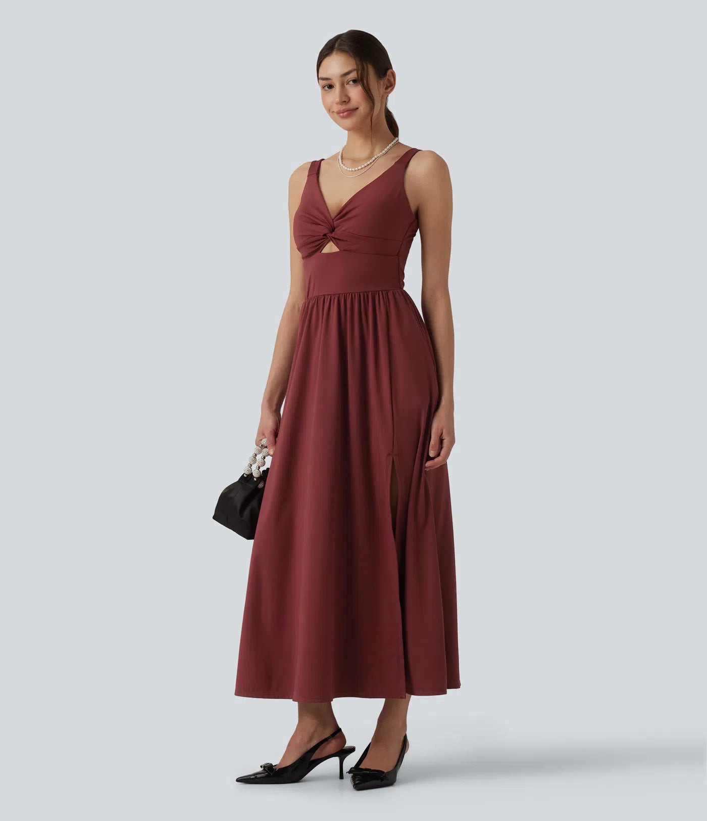 Airy V-neck Twisted Sleeveless Split Midi Non-Removable