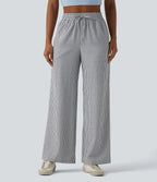 High Waisted Drawstring Stripes Linen-Feel Casual Baggy Pants with Pockets