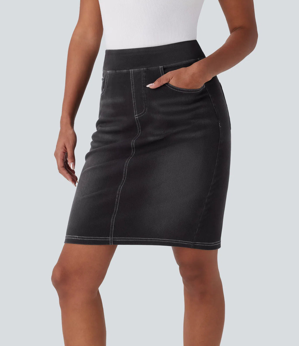 High Waisted Pockets Washed Denim Casual Skirt